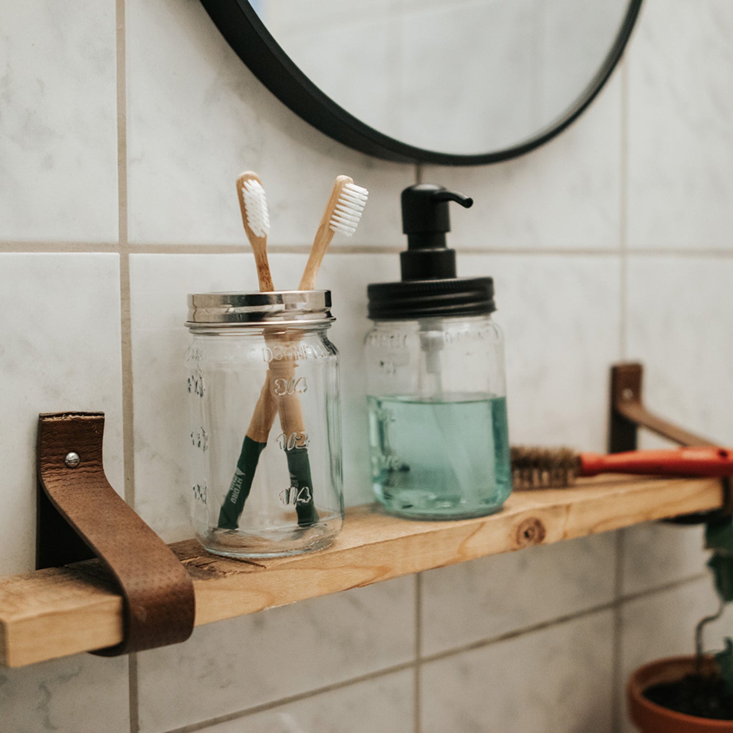 O'Donnell Moonshine soap dispenser lid in bathroom
